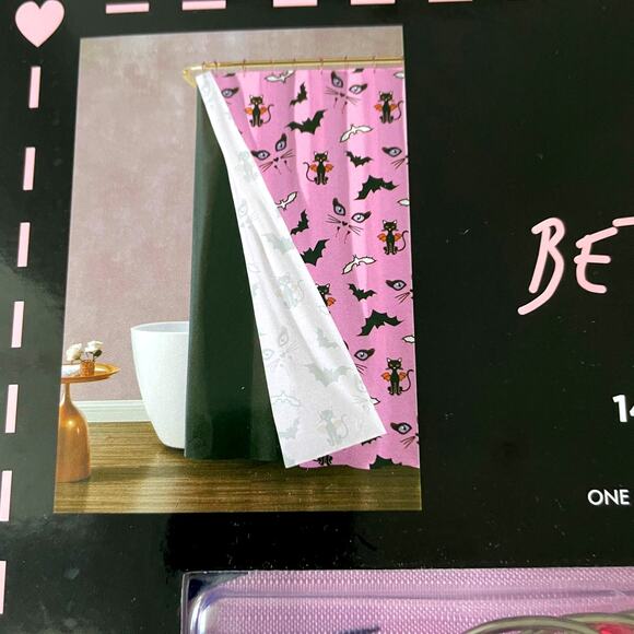 14pc Betsey Johnson Pink BATS Halloween Shower Curtain Hooks Liner Set 72x72 NEW - Picture 3 of 8